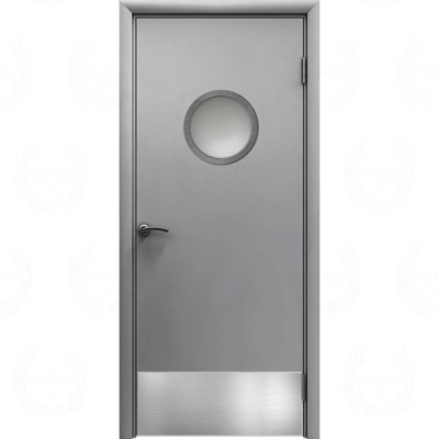 Влагостойкая дверь ПВХ Etadoor ДГ Серый RAL 7001 с иллюминатором и отбойной пластиной