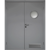 Влагостойкая дверь ПВХ Etadoor ДГ Серый RAL 7001 двустворчатая с AL торцами с иллюминатором и вентиляционной решеткой